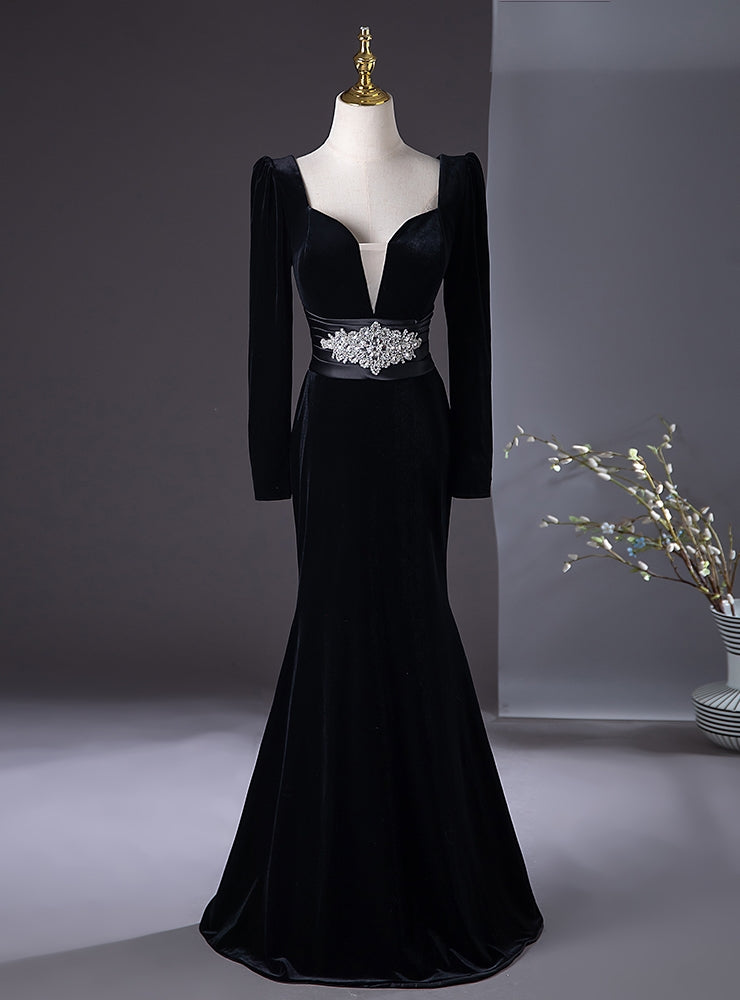 Black Mermaid Long Sleeve Velvet Prom Dress