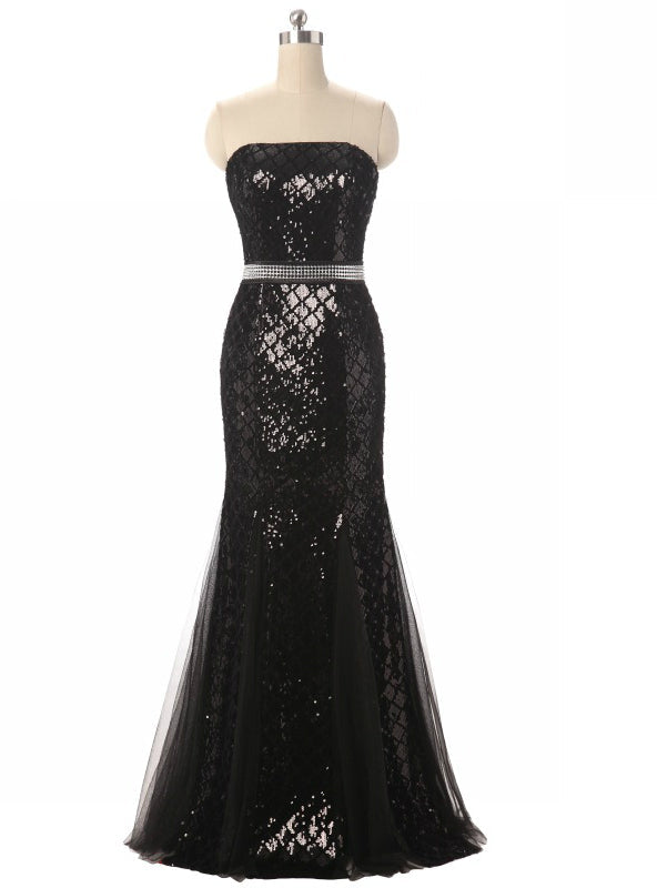 Black Mermaid Sequins Strapless Beading Prom Dress