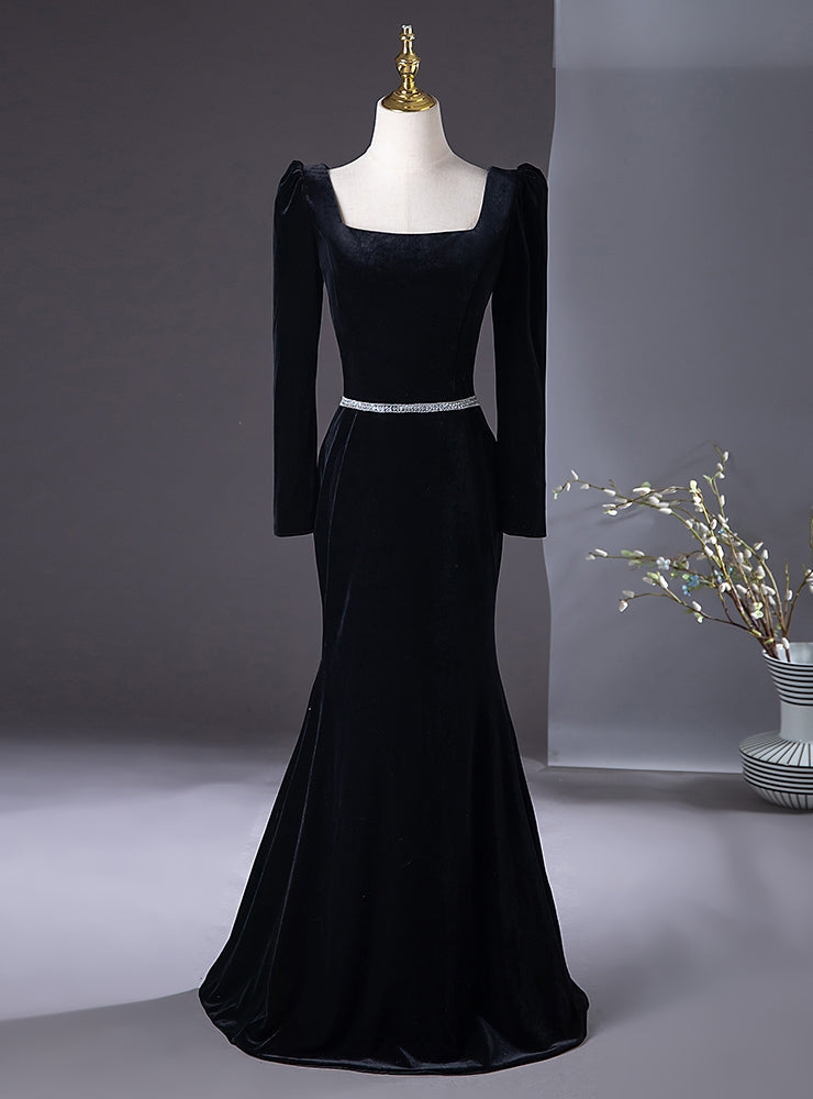 Black Mermaid Velvet Long Sleeve Prom Dress