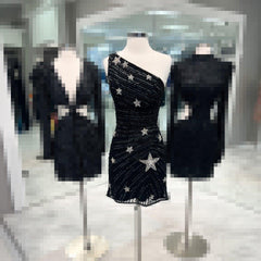 Black One Shoulder Sequin Star Above Keen Homecoming Dress