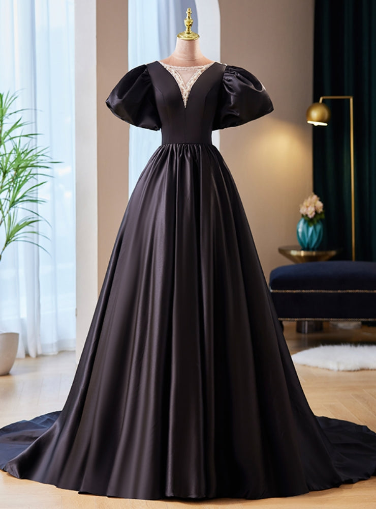 Black Satin Puff Sleeve Beading Prom Dress