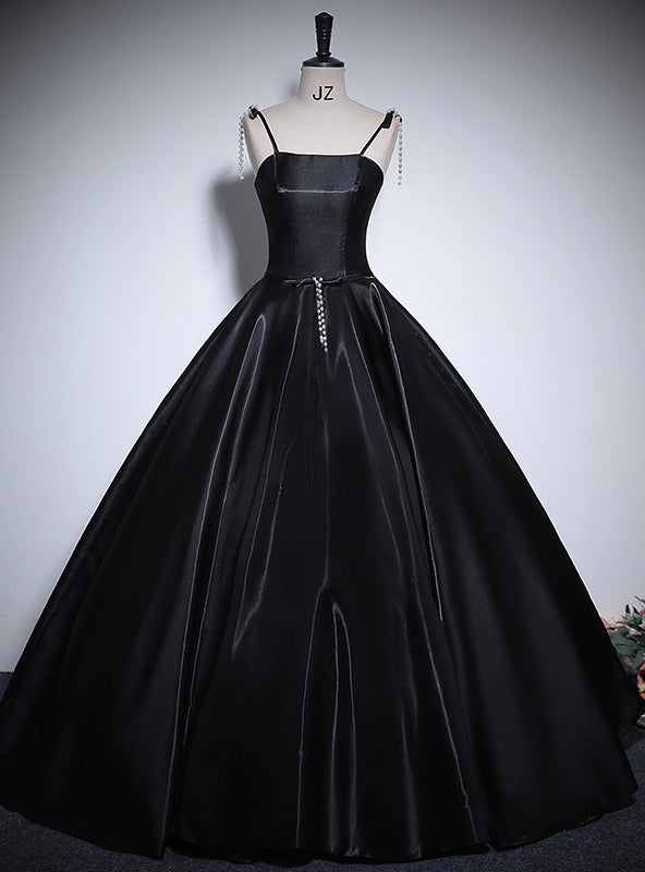 Black Satin Spaghetti Straps Quinceanera Dress