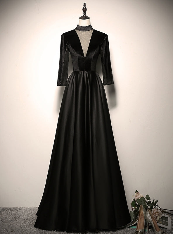 Black Satin Velvet Short Sleeve Prom Dress