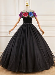 Black Tulle Embroidery Flower Quinceanera Dress