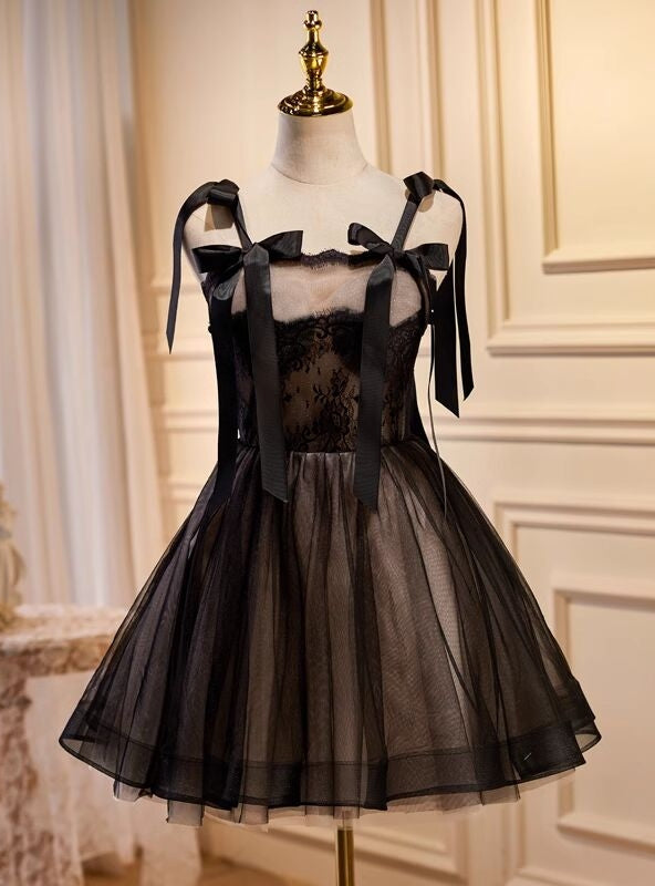 Black Tulle Lace Straps Homecoming Dress