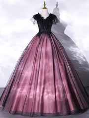 Black Tulle Lace V-neck Beading Quinceanera Dress