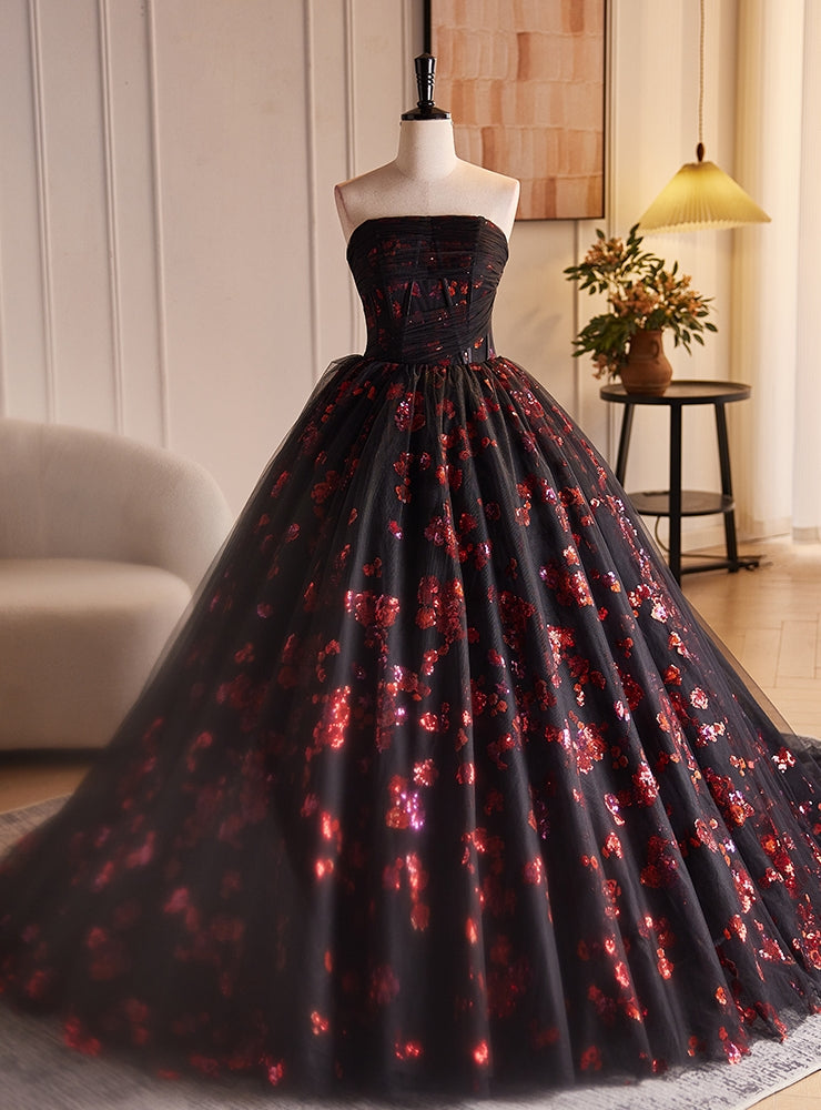 Black Tulle Red Sequins Strapless Vintage Quinceanera Dress