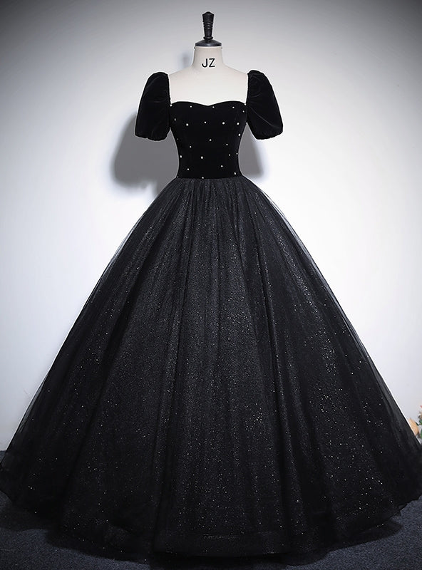 Black Tulle Sequins Short Sleeve Velvet Quinceanera Dress