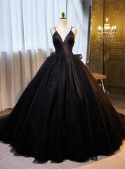 Black Tulle Sequins V-neck Quinceanera Dress