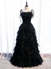 Black Tulle Spagehtti Straps Pleats Tiers Prom Dress