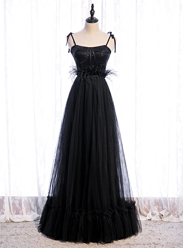 Black Tulle Spagehtti Straps Sequins Feather Prom Dress