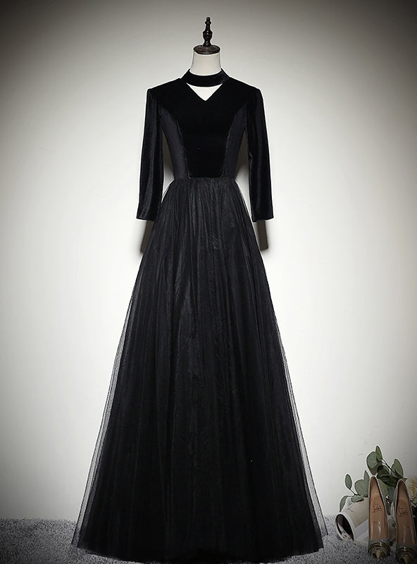 Black Tulle Velvet High Neck Long Sleeve Prom Dress