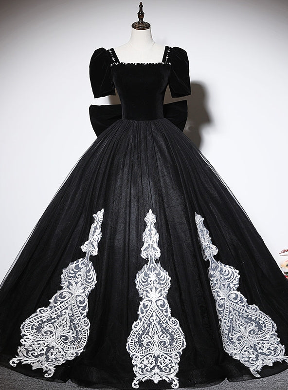 Black Tulle Velvet Short Sleeve Quinceanera Dress