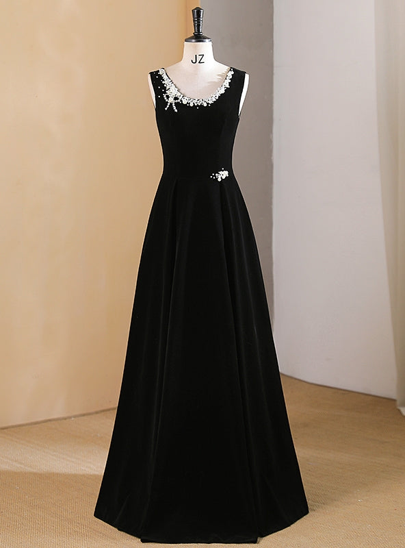 Black Velvet Scoop Neck Pearls Prom Dress