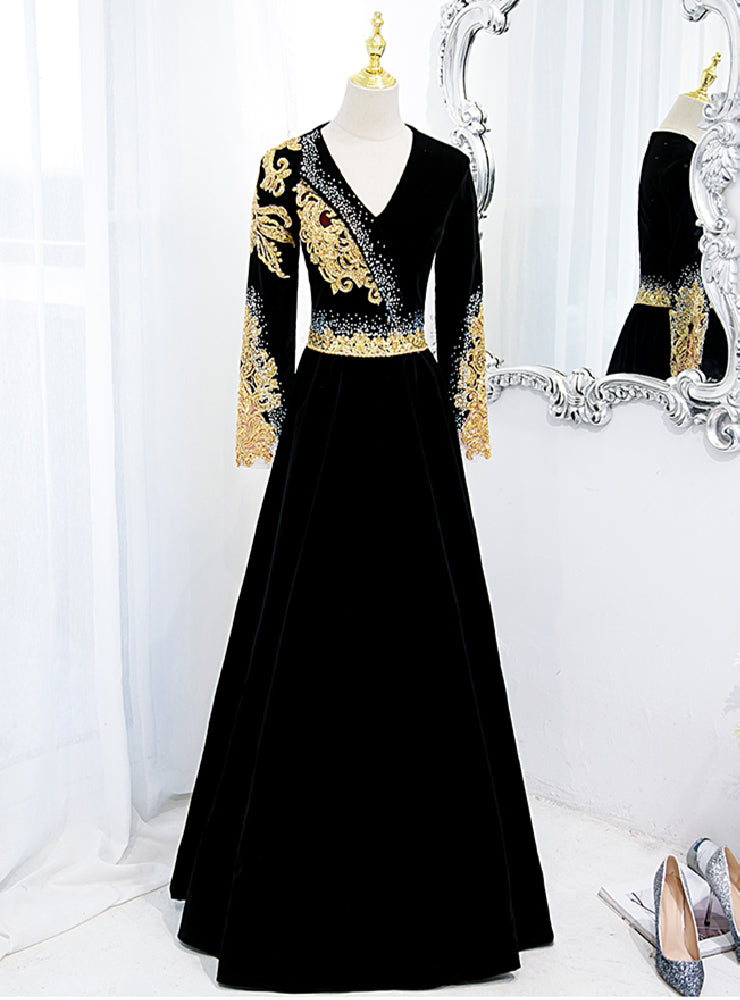 Black Velvet V-neck Long Sleeve Gold Beading Prom Dress