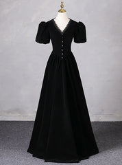 Black Velvet V-neck Short Sleeve Prom Dress