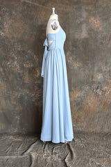 Blue A Line Spaghetti Straps V-Neck Pleated Floor Length Chiffon Long Bridesmaid Dress