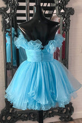 Blue A-Line Strapless Ruffled Short Homecoming Dress