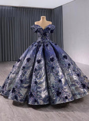 Blue Ball Gown Sequins Appliques Off the Shoulder Prom Dress