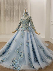 Blue Ball Gown Tulle High Neck Long Sleeve Appliques Beading Wedding Dressading Wedding Dress