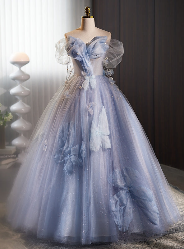 Blue Ball Gown Tulle Sequins Off the Shoulder Beading Prom Dress