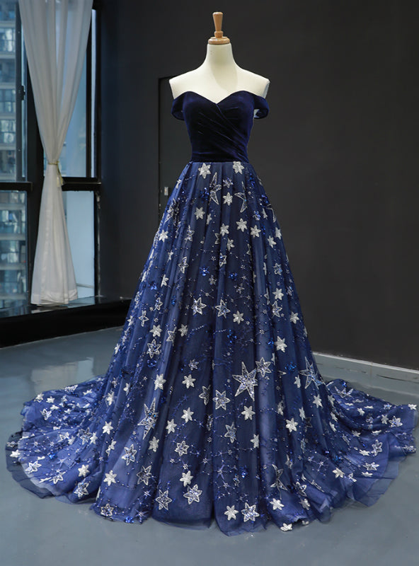 Blue Ball Gown Tulle Star Sequins Off the Shoulder Prom Dress