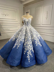 Blue Ball Gown White 3D Appliques Prom Dress