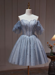 Blue Gray Tulle Beading Homecoming Dress