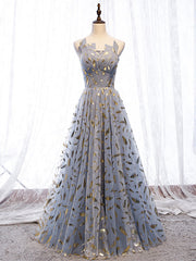 Blue Gray Tulle Gold Feather Strapless Prom Dress