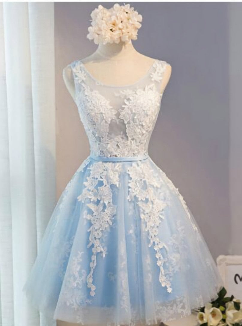 Blue Lace V-neck Homecoming Dress