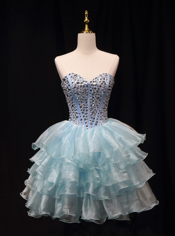 Blue Organza Crystal Homecoming Dress