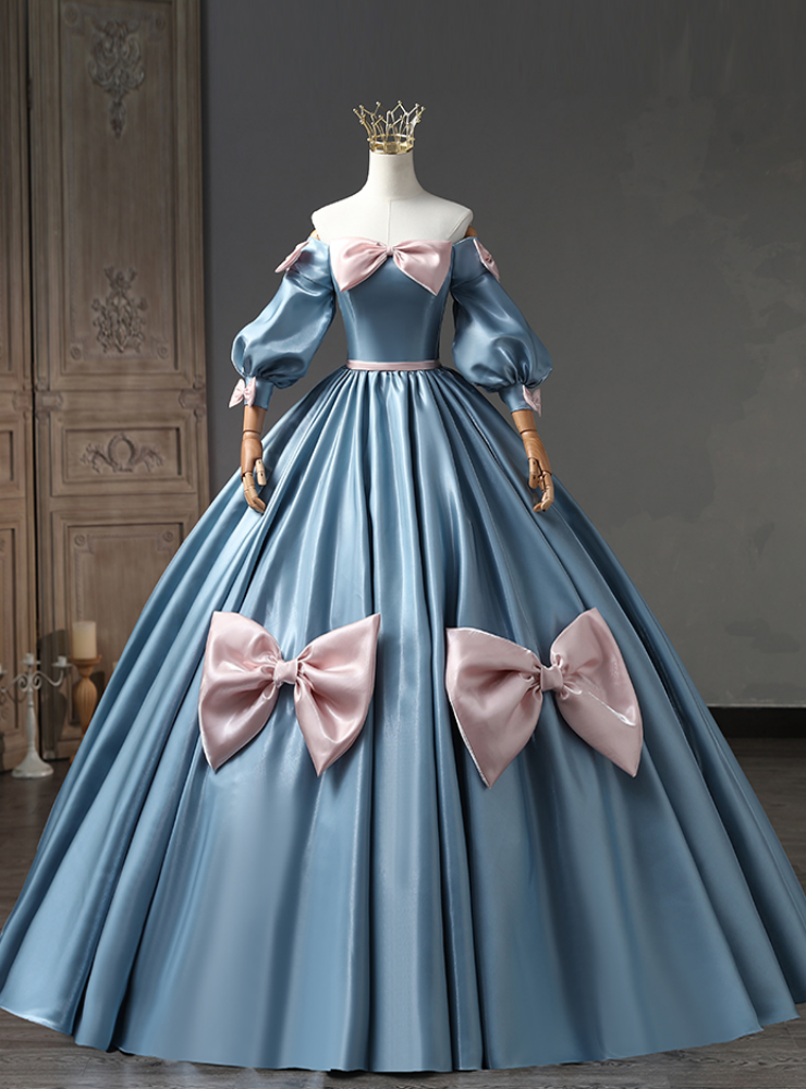 Blue Puff Sleeve Bow Quinceanera Dress