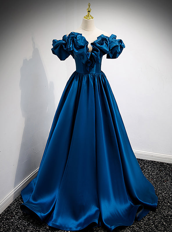 Blue Satin Off the Shoulder Prom Dress