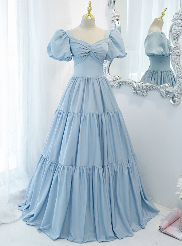 Blue Satin Puff Sleeve Pleats Prom Dress