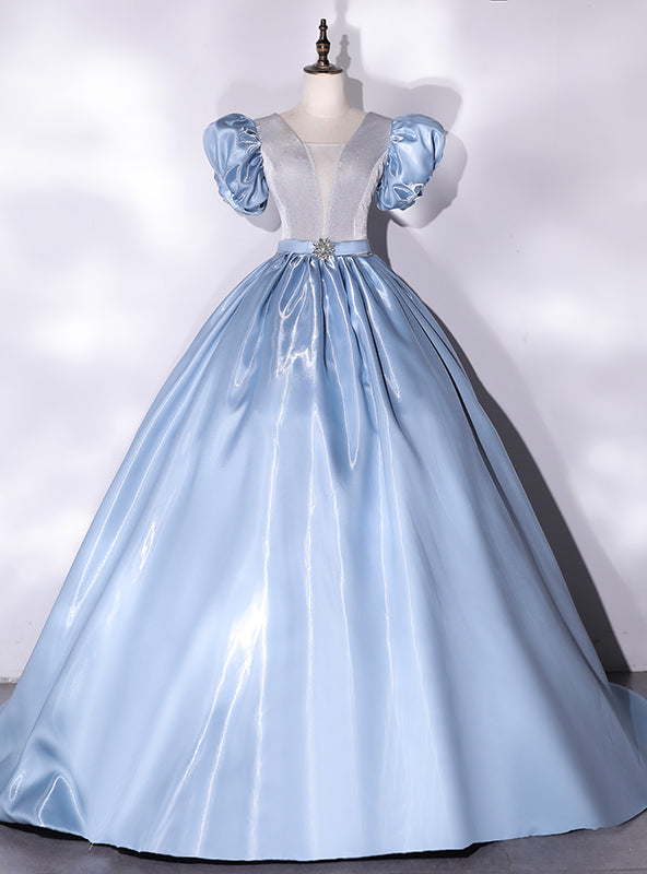 Blue Satin Puff Sleeve Quinceanera Dress