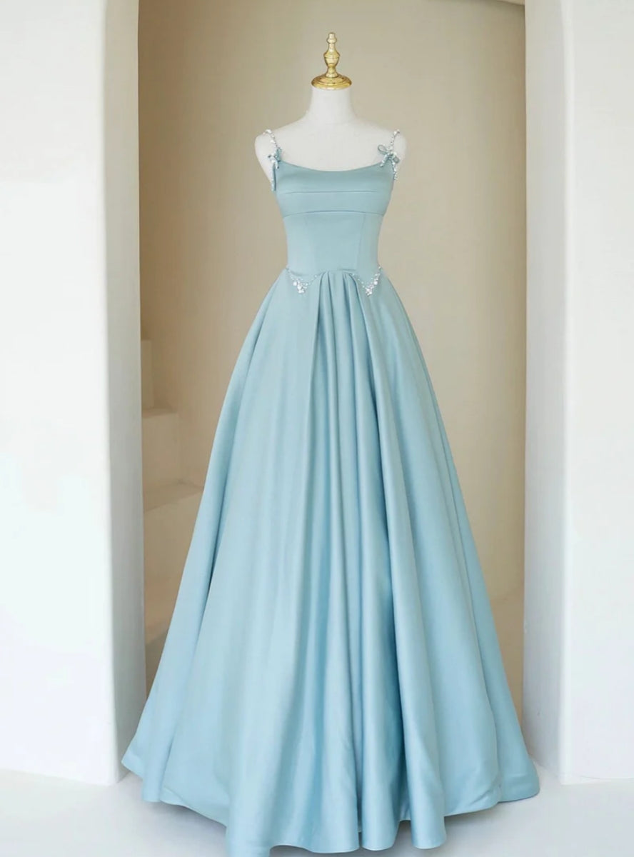 Blue Satin Spaghetti Straps Pearls Prom Dress