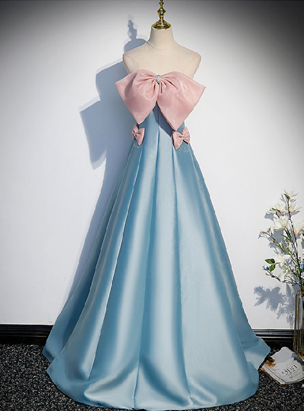 Blue Satin Strapless Prom Dress With Pink Bow