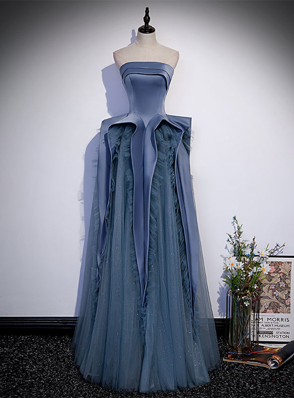 Blue Satin Tulle Sequins Strapless Prom Dress