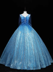 Blue Sequins Beading Straps Quinceanera Dress