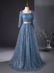 Blue Sequins Long Sleeve Square Prom Dress