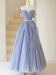 Blue Sweetheart Tulle Off-the-Shoulder Floor-Length Prom Dresses, Blue Evening Gown