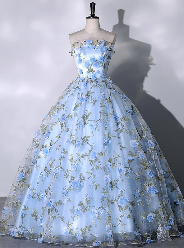 Blue Tulle 3D Flower Strapless Quinceanera Dress