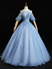 Blue Tulle Appliques Beading Short Sleeve Quinceanera Dress