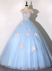 Blue Tulle Appliques Cap Sleeve Quinceanera Dress