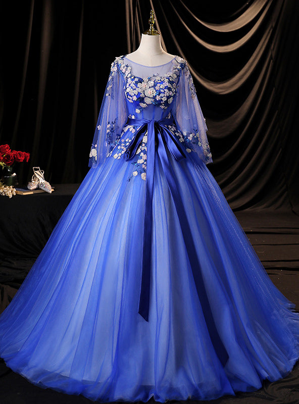 Blue Tulle Backless Sequins Appliques Quinceanera Dress