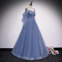 Blue Tulle Beaded Long Formal Dress Party Dresses, A-line Wedding Party Dresses