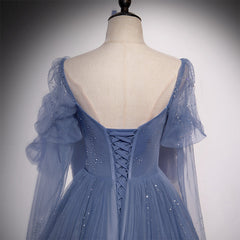 Blue Tulle Beaded Long Formal Dress Party Dresses, A-line Wedding Party Dresses