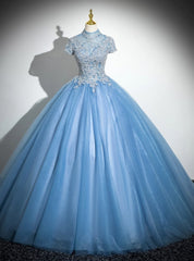 Blue Tulle Cap Sleeve Appliques Quinceanera Dress