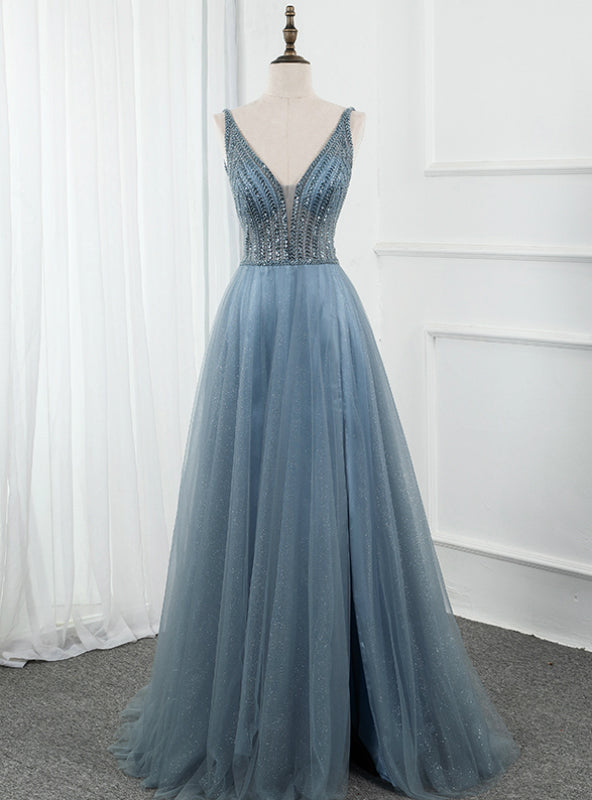 Blue Tulle Deep V-neck Backless Beading Sequins Prom Dress