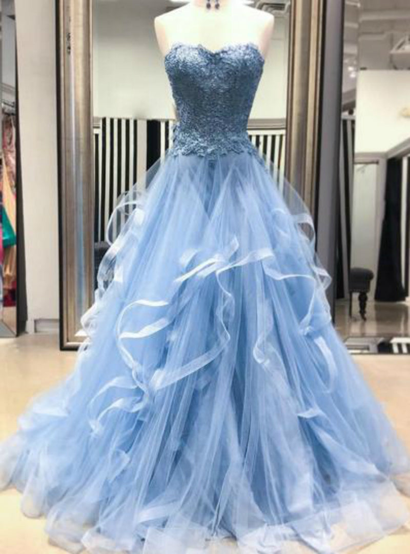 Blue Tulle Lace Appliques Sweetheart Layered Long Prom Dress